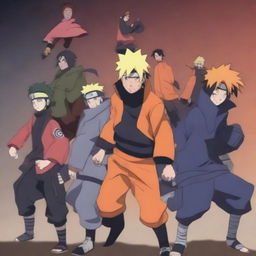 Create an image featuring characters from the Naruto universe, showcasing their iconic ninja outfits and unique abilities