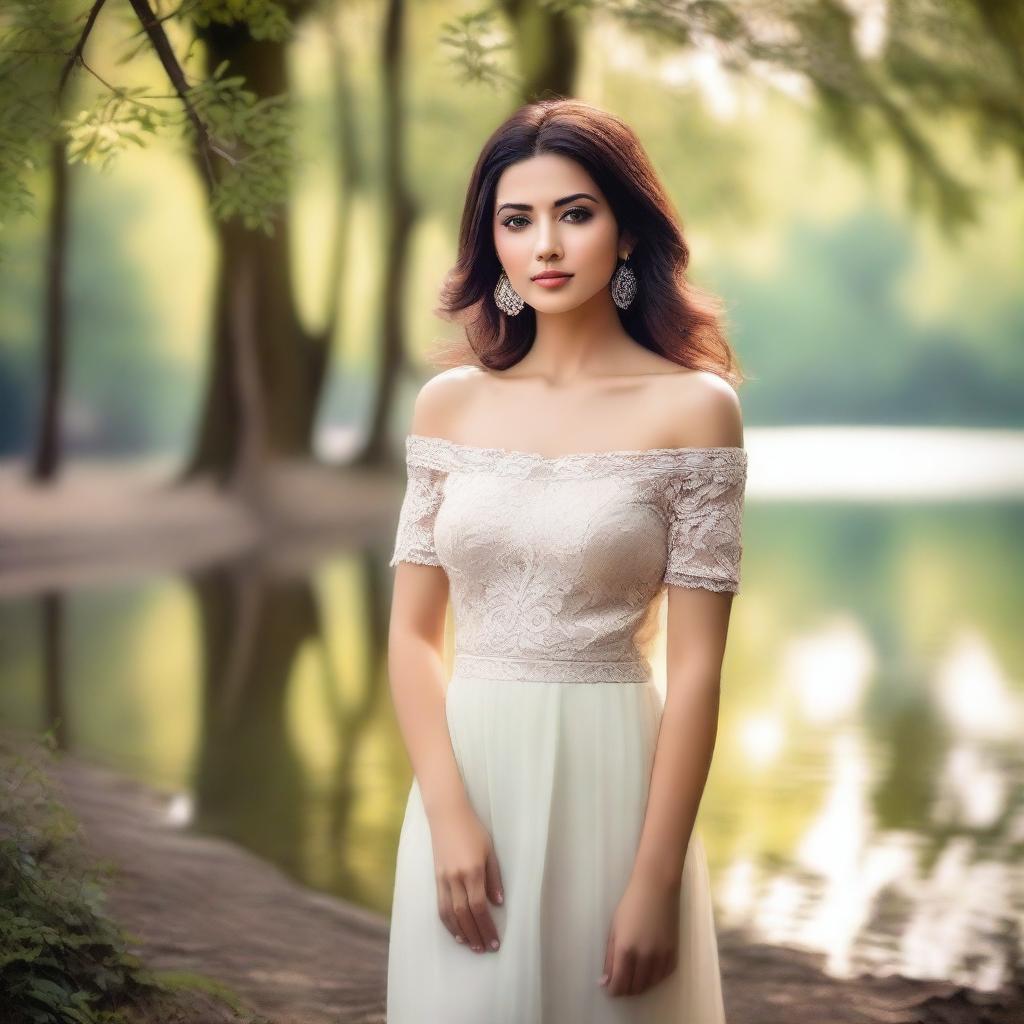 Create an image of a woman with a serene expression, standing in a beautiful natural setting