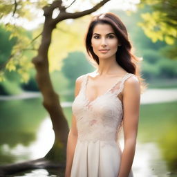 Create an image of a woman with a serene expression, standing in a beautiful natural setting