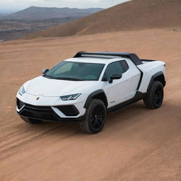 A Lamborghini car transformed into a luxury pickup truck, complete with a large cargo bed, the distinctive angular design of Lamborghini, and maintaining its high-performance features.