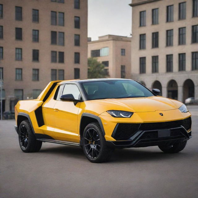 A Lamborghini car transformed into a luxury pickup truck, complete with a large cargo bed, the distinctive angular design of Lamborghini, and maintaining its high-performance features.