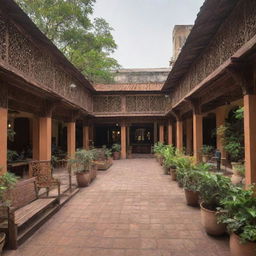 Redesign the bustling rectangular kahu galli. All the diverse shops are now composed of iron patra, each one solid yet intricate. It still features a beautiful garden and spacious sitting areas capable of hosting more than 50 people.