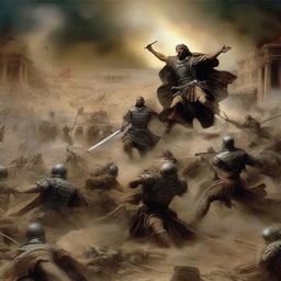 A dramatic depiction of wars fulfilling biblical prophecy, with scenes of conflict and chaos, set against a backdrop of ancient and modern landscapes