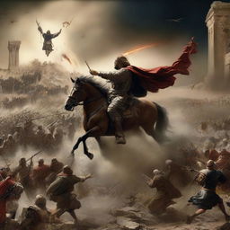 A dramatic depiction of wars fulfilling biblical prophecy, with scenes of conflict and chaos, set against a backdrop of ancient and modern landscapes