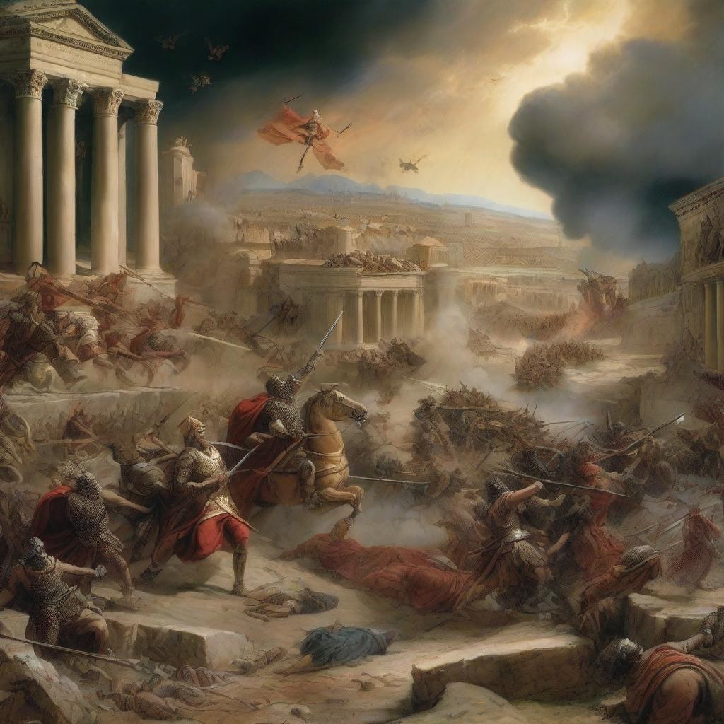 A dramatic depiction of wars fulfilling biblical prophecy, with scenes of conflict and chaos, set against a backdrop of ancient and modern landscapes