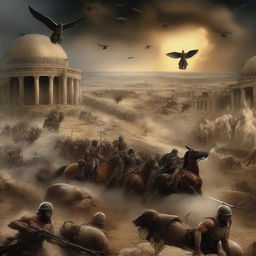 A dramatic depiction of wars fulfilling biblical prophecy, with scenes of conflict and chaos, set against a backdrop of ancient and modern landscapes