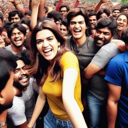 An image of Kriti Sanon surrounded by a crowd of enthusiastic male participants