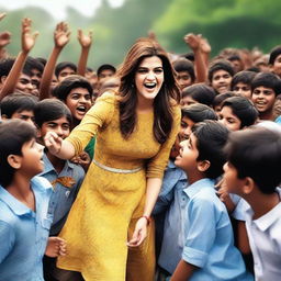 An image of Kriti Sanon surrounded by a group of 70 young boys who are excited and enthusiastic