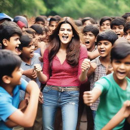 An image of Kriti Sanon surrounded by a group of 70 young boys who are excited and enthusiastic