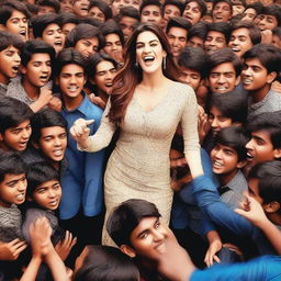 An image of Kriti Sanon surrounded by a group of 70 enthusiastic boys