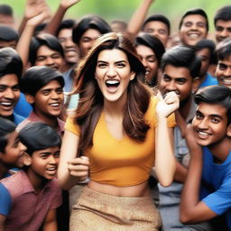 An image of Kriti Sanon surrounded by a group of 70 enthusiastic boys