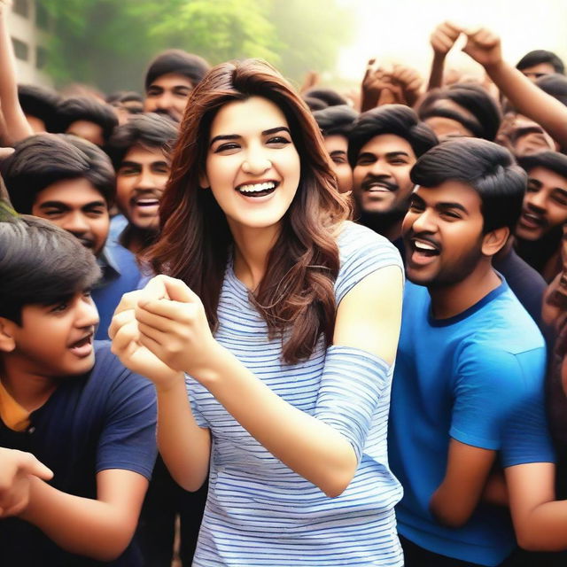 An image of Kriti Sanon surrounded by a group of 70 enthusiastic boys