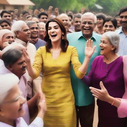 An image of Kriti Sanon surrounded by a group of 70 elderly people who are excited and enthusiastic