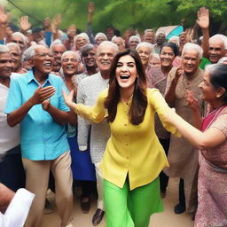 An image of Kriti Sanon surrounded by a group of 70 elderly people who are excited and enthusiastic