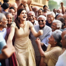 An image of Kriti Sanon surrounded by a group of 70 elderly people who are excited and enthusiastic