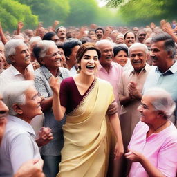 An image of Kriti Sanon surrounded by a group of 70 elderly people who are excited and enthusiastic