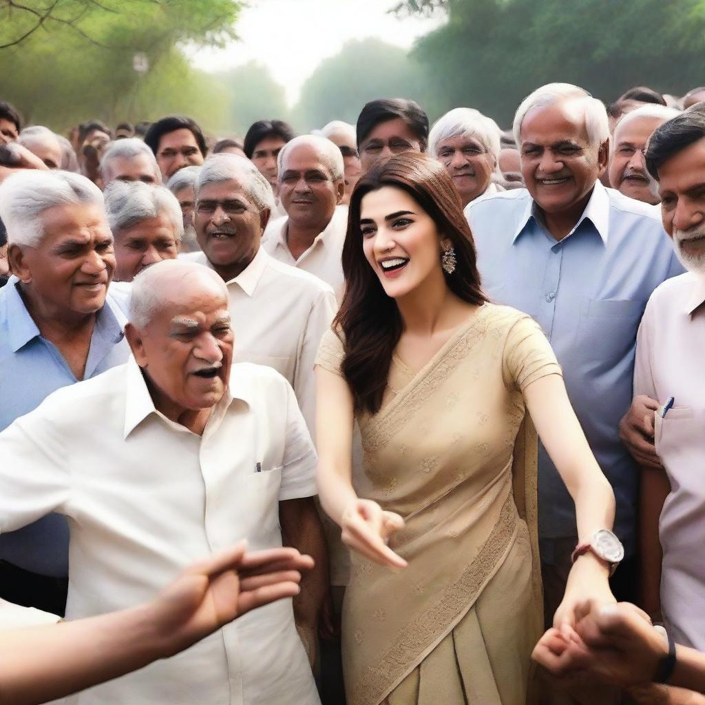 An image of Kriti Sanon surrounded by a group of 70 elderly males who are excited and enthusiastic