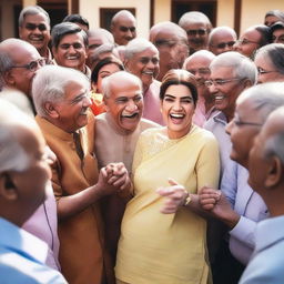 An image of Kriti Sanon surrounded by a group of 70 elderly males who are excited and enthusiastic