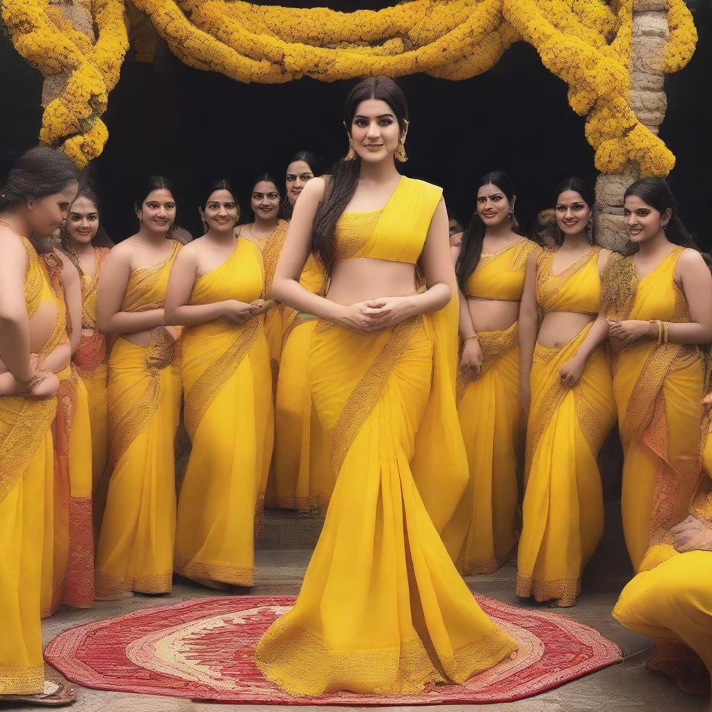 An image of Kriti Sanon wearing a yellow bikini saree, surrounded by 70 pandits