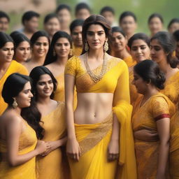 An image of Kriti Sanon wearing a yellow bikini saree, surrounded by 70 pandits