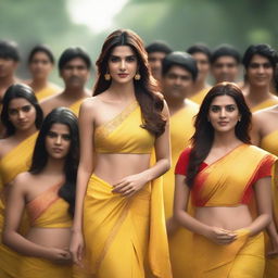 An image of Kriti Sanon wearing a yellow bikini saree, surrounded by 70 pandits