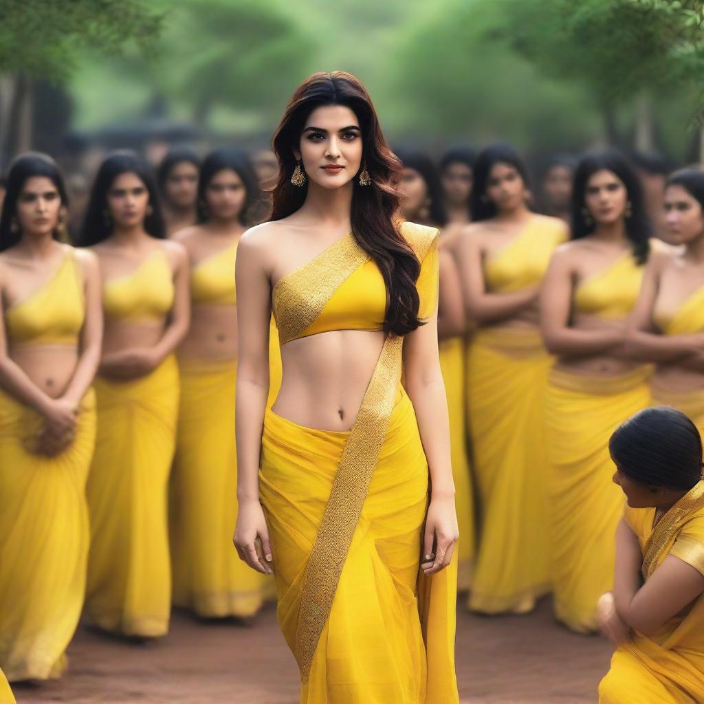 An image of Kriti Sanon wearing a yellow bikini saree, surrounded by 70 pandits