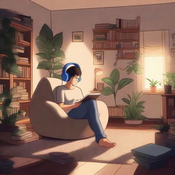 A cozy, dimly lit room with soft lighting, featuring a person relaxing on a beanbag chair with headphones on, surrounded by books and plants