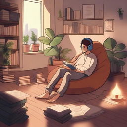 A cozy, dimly lit room with soft lighting, featuring a person relaxing on a beanbag chair with headphones on, surrounded by books and plants