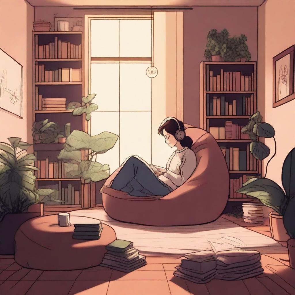 A cozy, dimly lit room with soft lighting, featuring a person relaxing on a beanbag chair with headphones on, surrounded by books and plants