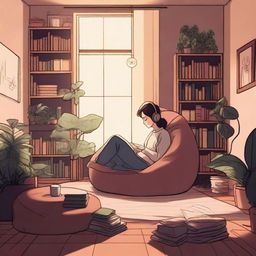 A cozy, dimly lit room with soft lighting, featuring a person relaxing on a beanbag chair with headphones on, surrounded by books and plants