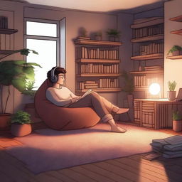 A cozy, dimly lit room with soft lighting, featuring a person relaxing on a beanbag chair with headphones on, surrounded by books and plants