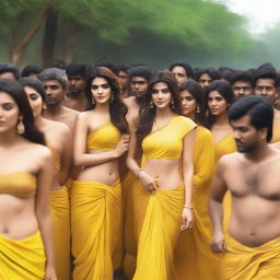 An image of Kriti Sanon wearing a yellow bikini saree, surrounded by 70 male pandits