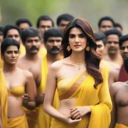 An image of Kriti Sanon wearing a yellow bikini saree, surrounded by 70 male pandits