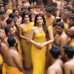 An image of Kriti Sanon wearing a yellow bikini saree, surrounded by 70 male pandits