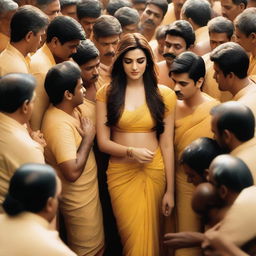 An image of Kriti Sanon wearing a yellow bikini saree, surrounded by 70 male pandits in a very small room