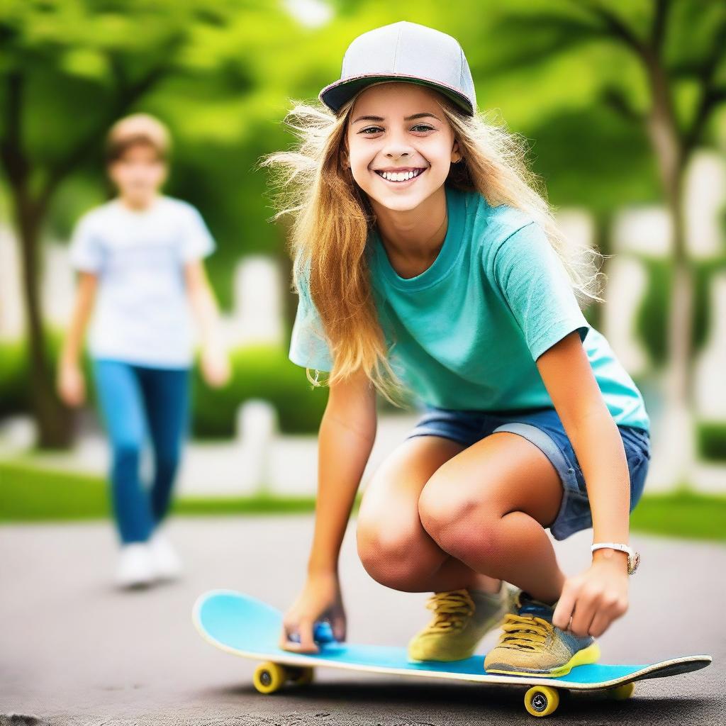 A vibrant and energetic teenager enjoying their time outdoors, possibly engaging in a fun activity like skateboarding or playing a sport