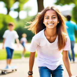 A vibrant and energetic teenager enjoying their time outdoors, possibly engaging in a fun activity like skateboarding or playing a sport