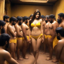 An image of Kriti Sanon wearing a yellow bikini, surrounded by 70 male pandits in a very small room