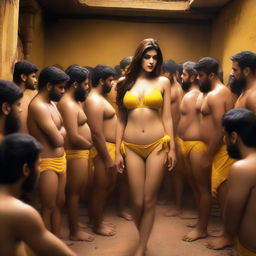 An image of Kriti Sanon wearing a yellow bikini, surrounded by 70 male pandits in a very small room