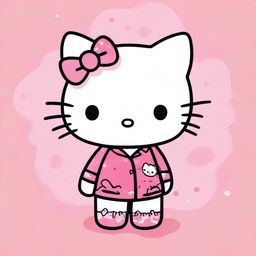 A cute illustration of Hello Kitty wearing pajamas, looking a bit tired but still adorable, as if she just returned from a fun night out