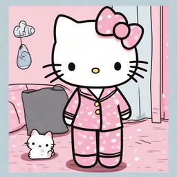 A cute illustration of Hello Kitty wearing pajamas, looking a bit tired but still adorable, as if she just returned from a fun night out