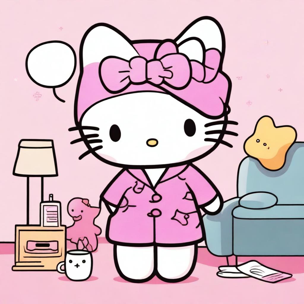 A cute illustration of Hello Kitty wearing pajamas, looking a bit tired but still adorable, as if she just returned from a fun night out