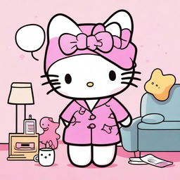 A cute illustration of Hello Kitty wearing pajamas, looking a bit tired but still adorable, as if she just returned from a fun night out