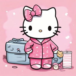 A cute illustration of Hello Kitty wearing pajamas, looking a bit tired but still adorable, as if she just returned from a fun night out