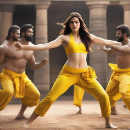 An image of Kriti Sanon wearing a yellow bikini, engaged in a dynamic fight with 7 male pandits