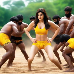 An image of Kriti Sanon wearing a yellow bikini, wrestling with 7 male pandits