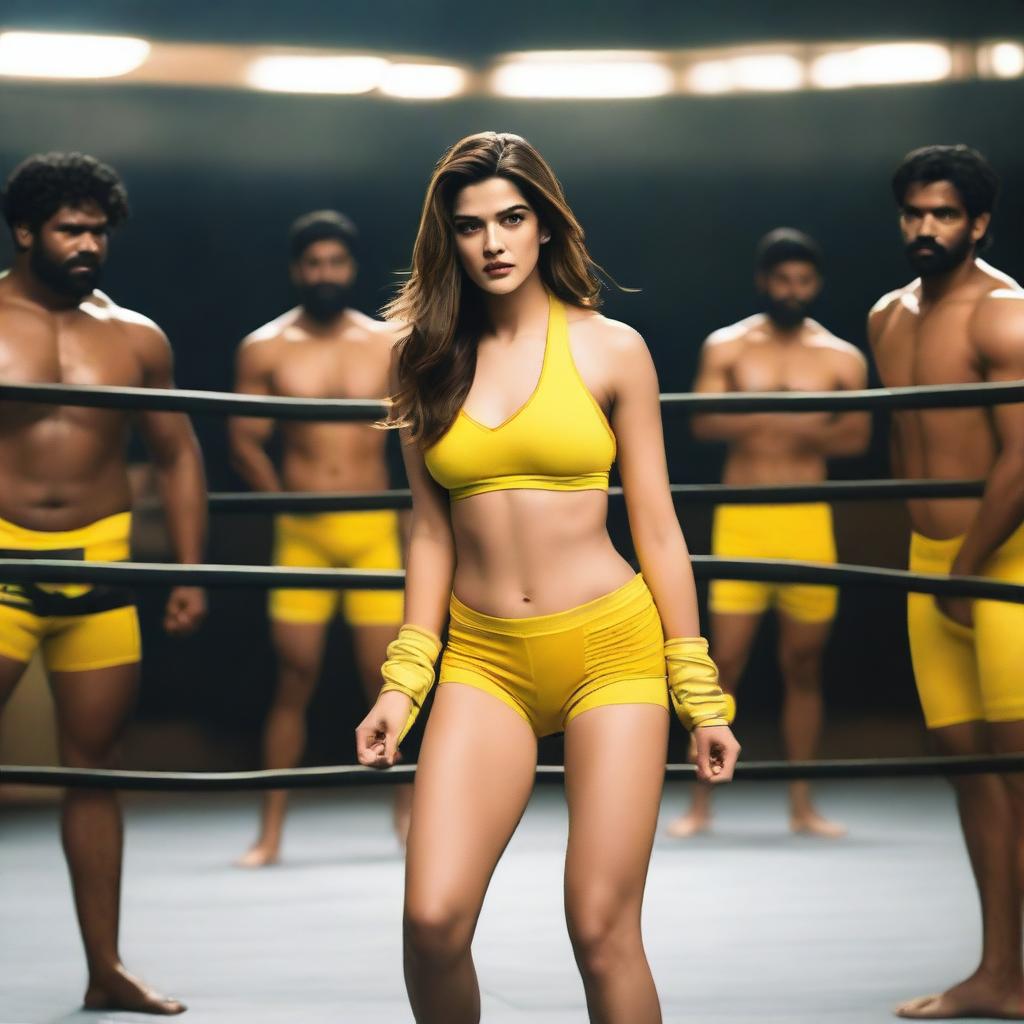 An intense image of Kriti Sanon wearing a yellow bikini, engaged in a wrestling match with 7 male wrestlers