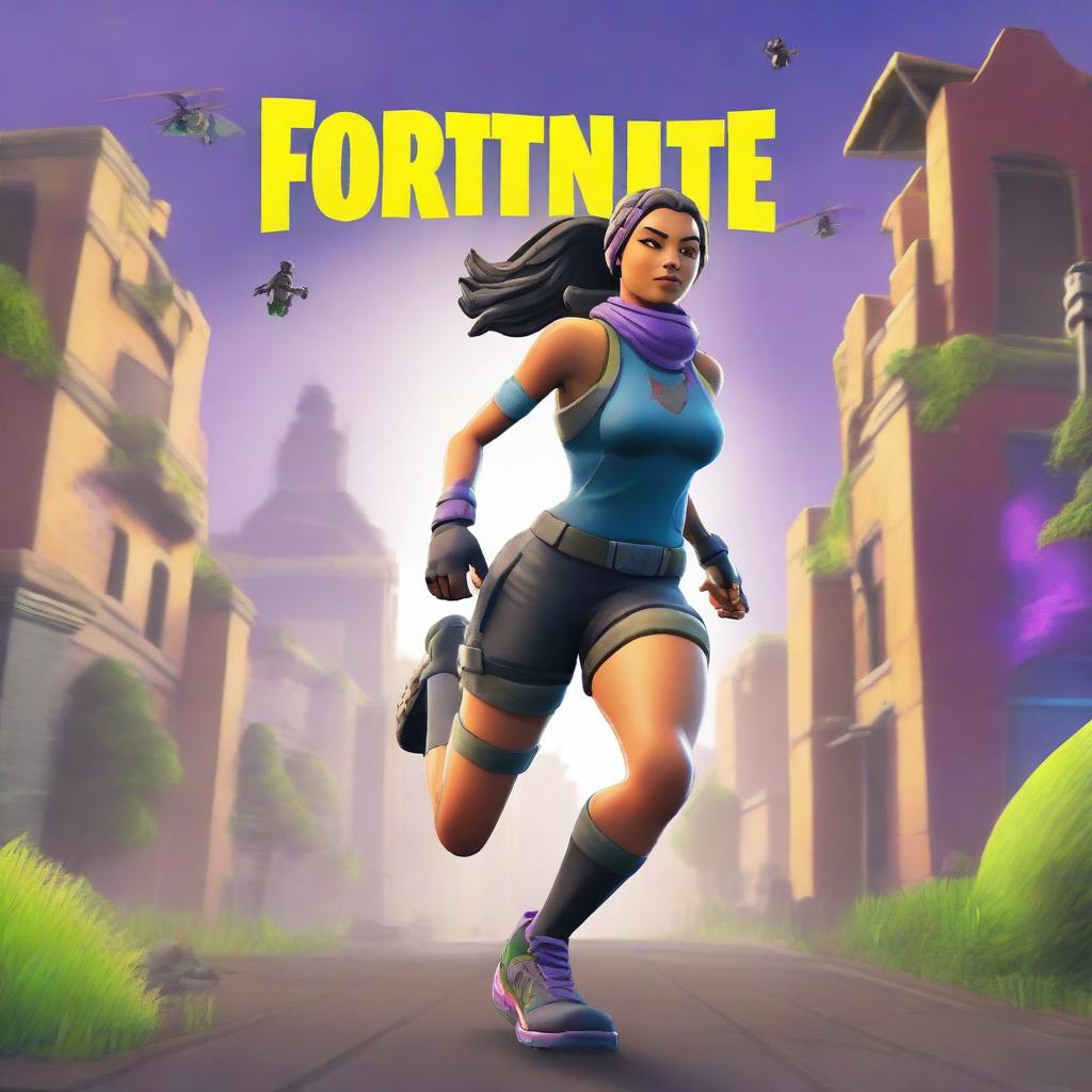 A Fortnite style cover image featuring a running woman viewed from the backside