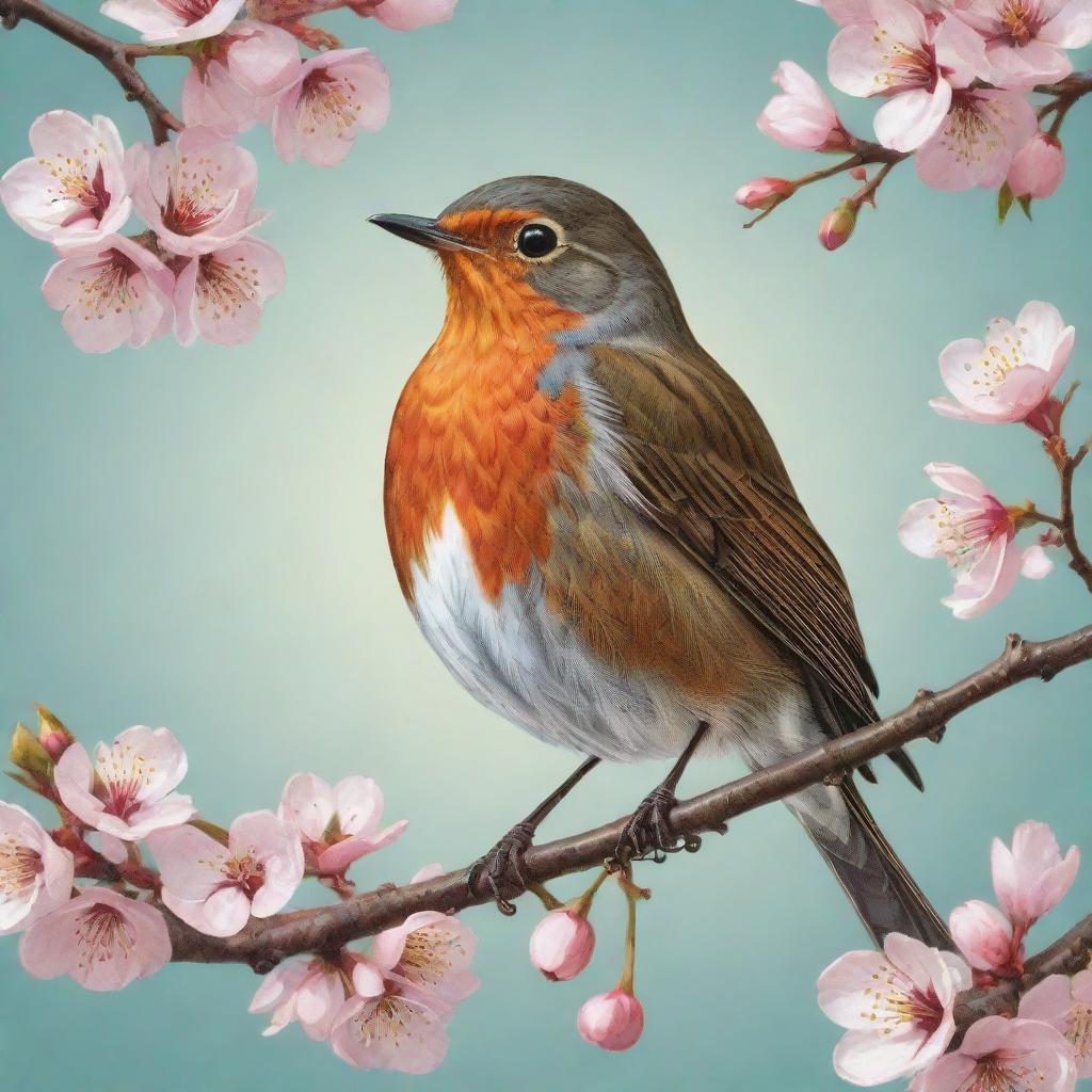 A vibrant and detailed illustration of a robin bird perched on a blossoming cherry tree branch in springtime.