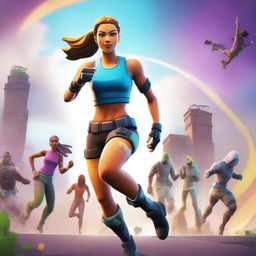 A Fortnite style cover image featuring a running woman viewed from the backside